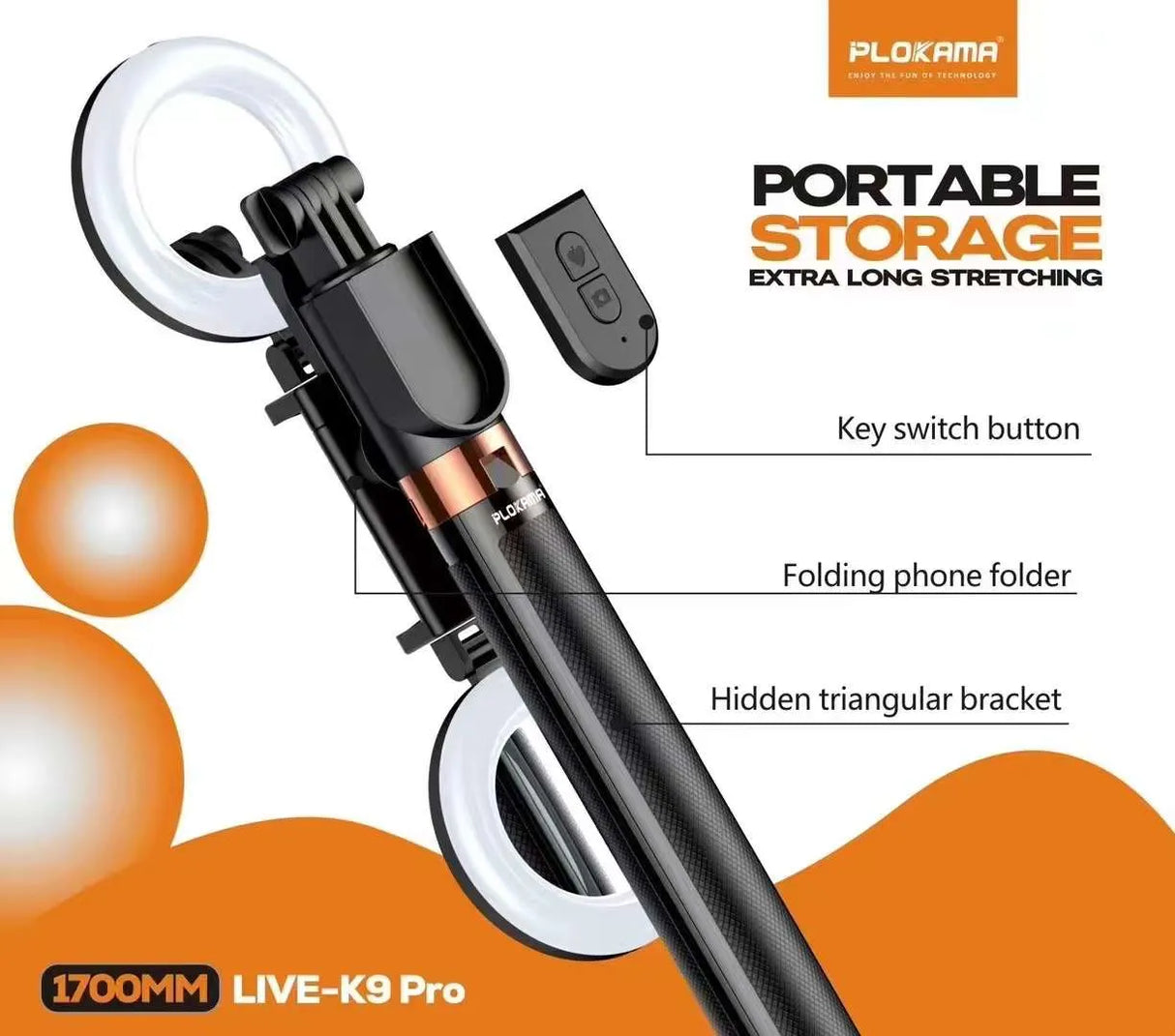 Trépied Selfie Stick K9 Pro Bluetooth 1,7m avec Lumière LED – 4 en 1, Télécommande, Portrait/Paysage