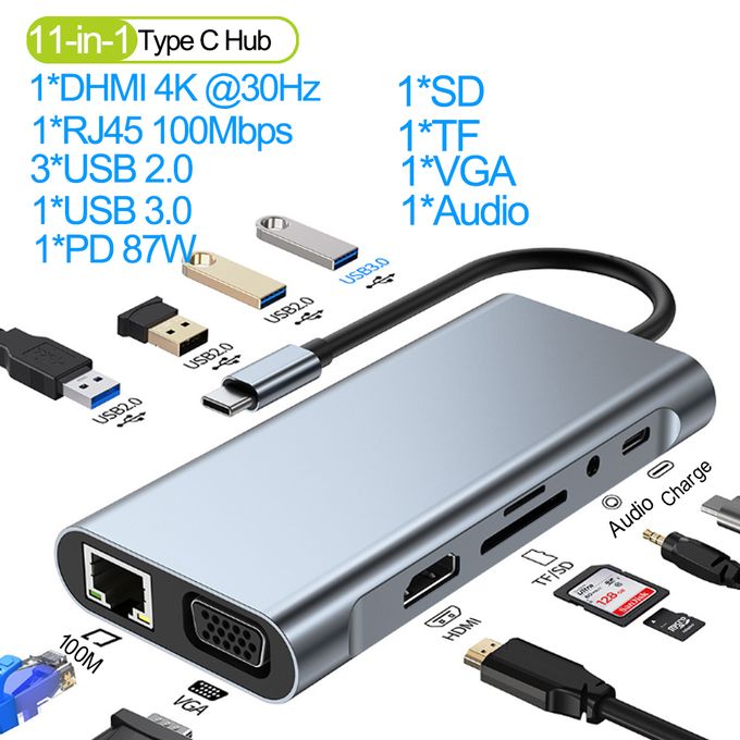 Hub USB-C 11-en-1 avec HDMI 4K, VGA, Ethernet, Audio, USB 3.0, SD/TF – Adaptateur Universel Multifonction