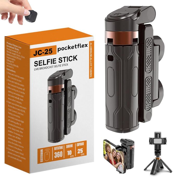 Perche à Selfie 3-en-1 JC-25 avec Trépied, Rotation 360° & Télécommande Bluetooth
