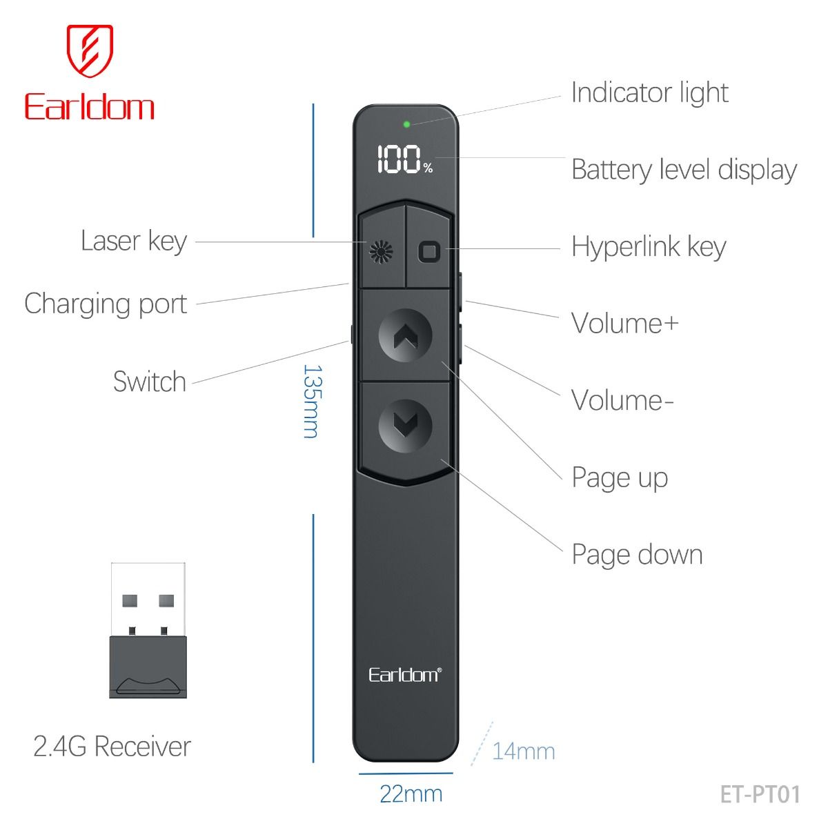 Pointeur de Présentation Earldom ET-PT01 Laser Rouge Sans Fil