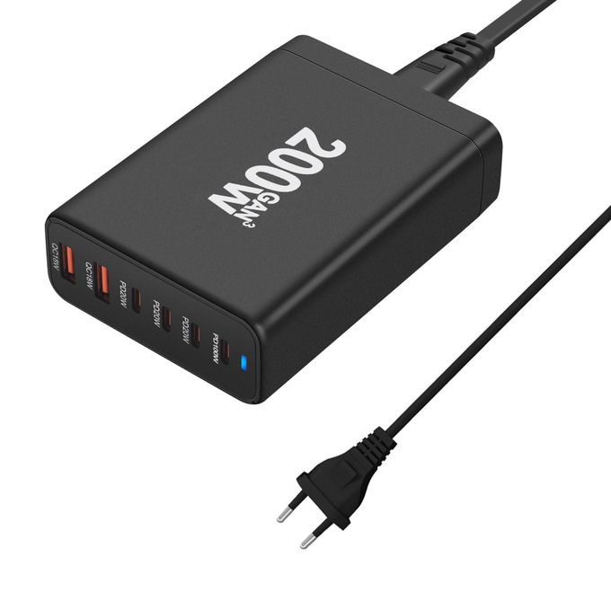 Chargeur GaN 200W Multiport 6 Ports (4 USB-C + 2 USB-A) – Charge Rapide PD 3.0