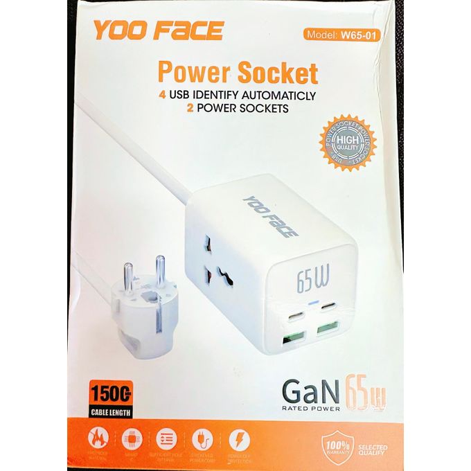 Multiprise Yoo Face GaN 65W avec 4 USB et 2 prises secteur