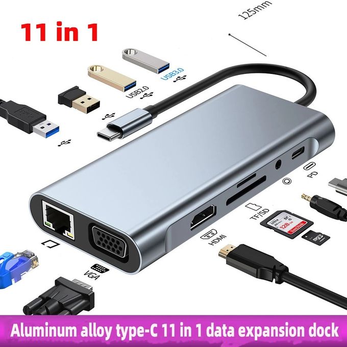 محور USB-C 11 في 1 مع HDMI 4K، VGA، إيثرنت، صوت، USB 3.0، SD/TF – محول عالمي متعدد الوظائف