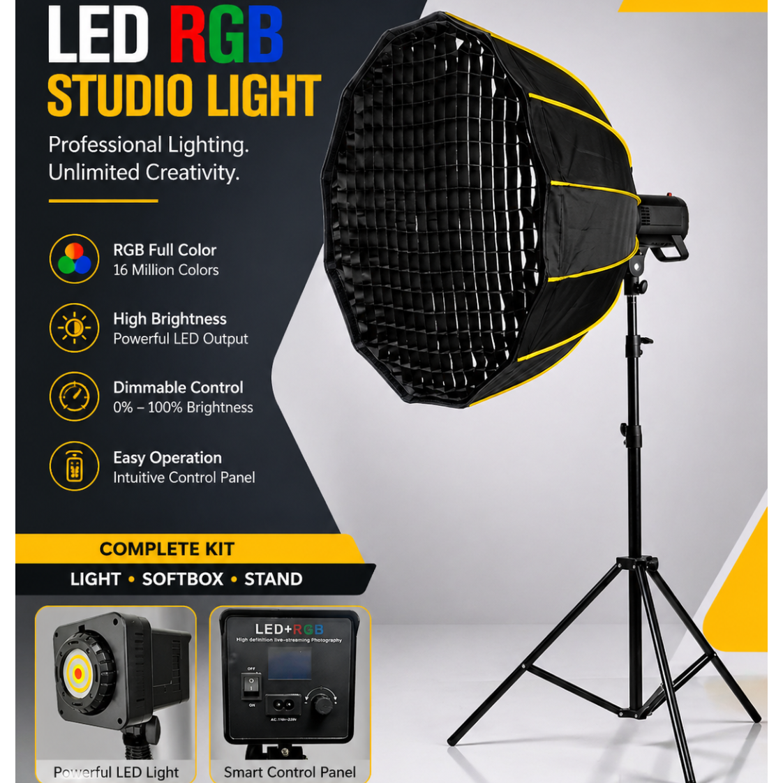 Kit Studio LED RGB 100W Softbox 90cm + Trépied 2,6m