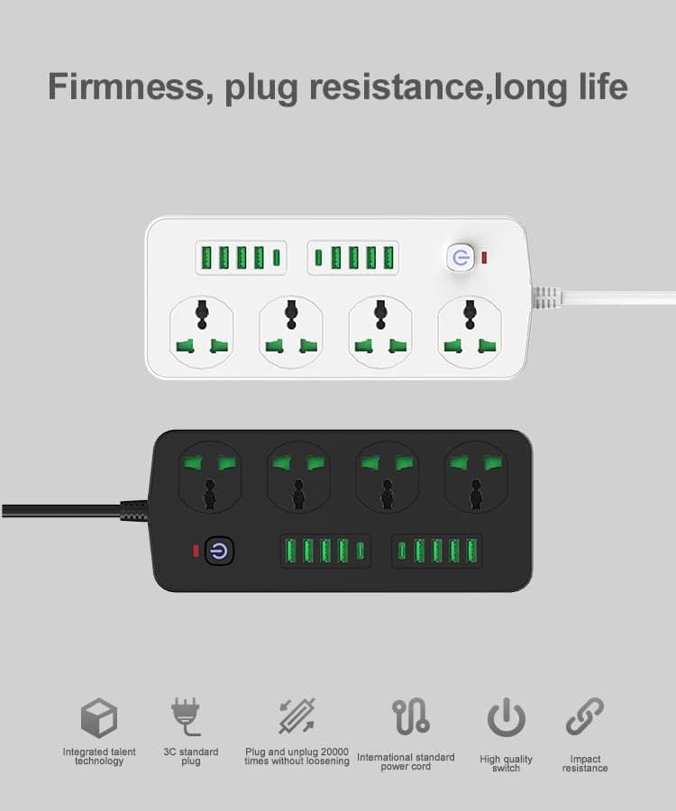 Chargeur multiprise 4 prises, 8 ports USB et 2 PD, protection surtension - Câble 2M