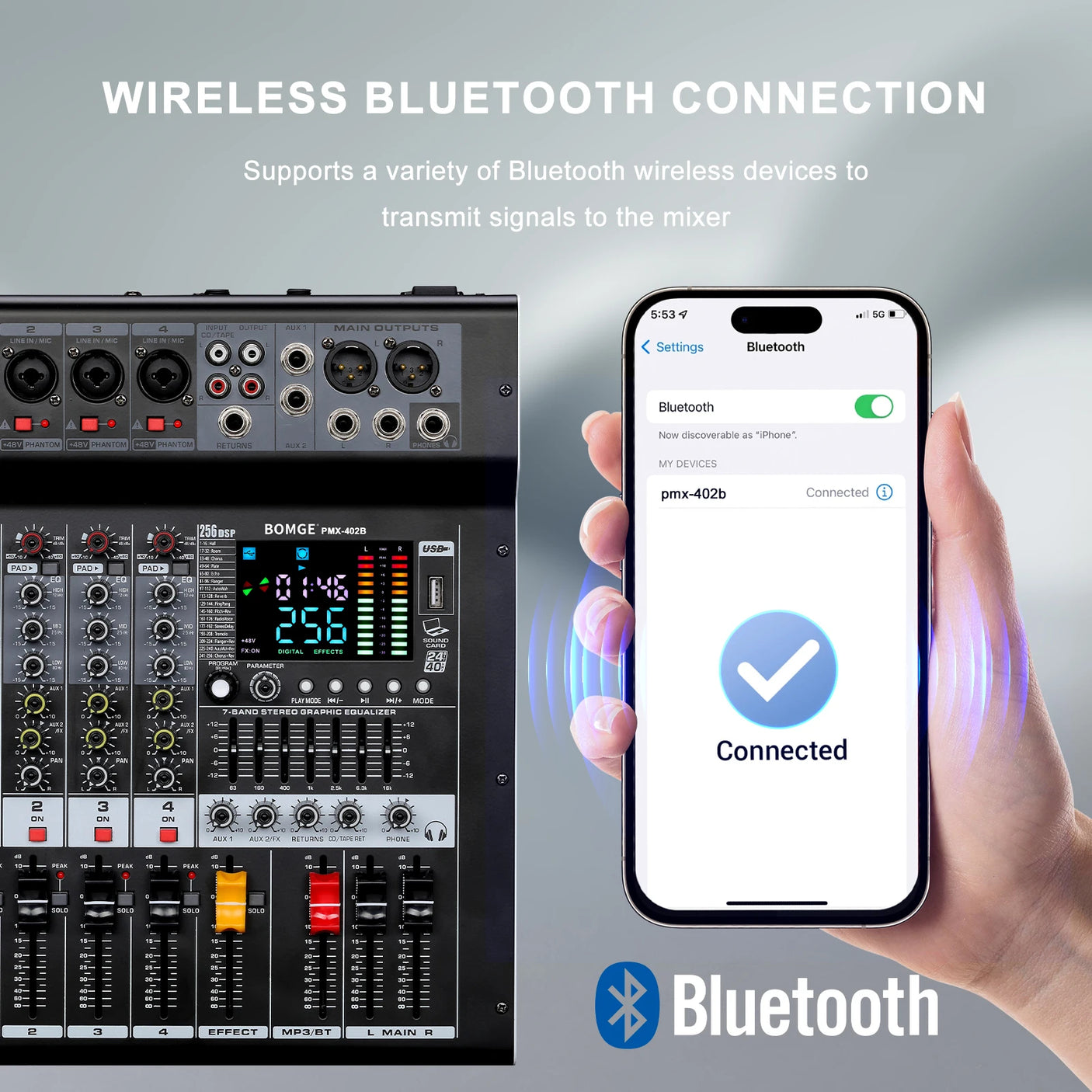 Mixer Audio 4 Canaux BOMGE 402B – 2x350W, Bluetooth, Studio & DJ