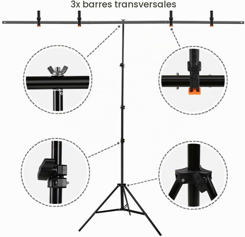 Support de Fond Photo en T Métal 2 × 2 m