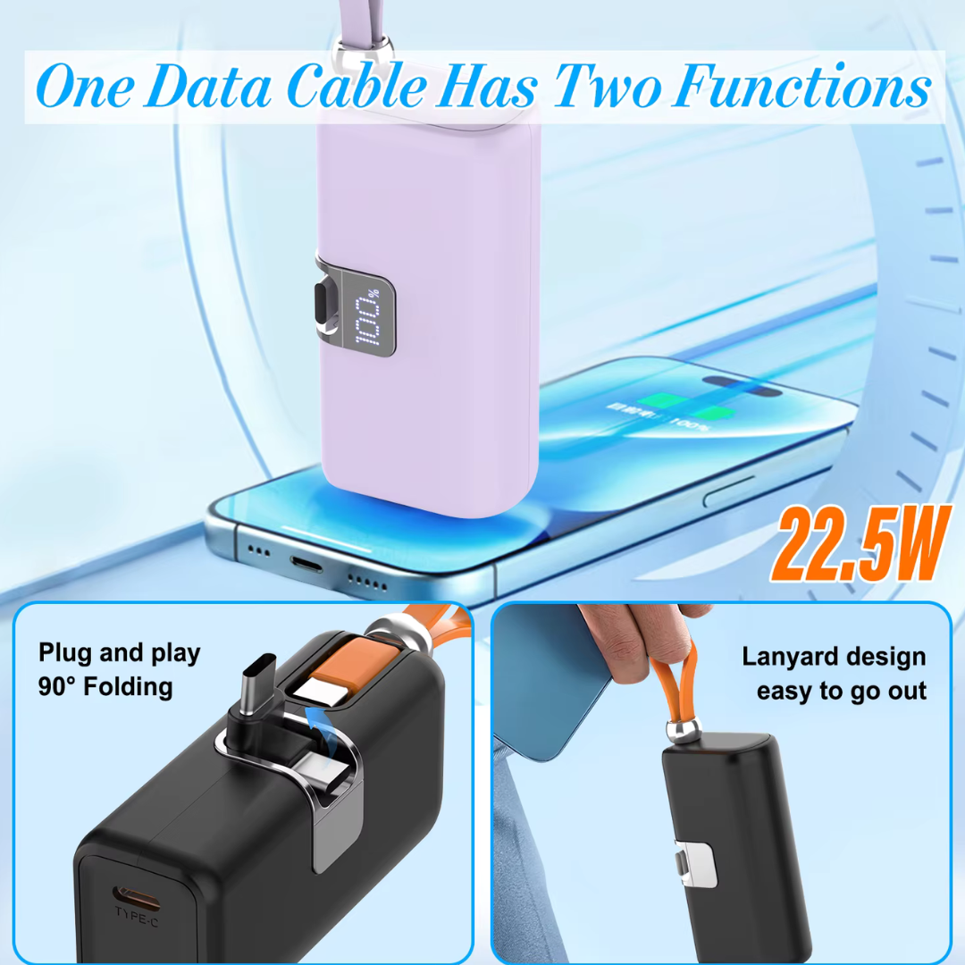 Mini Power Bank 5000mAh 22.5W avec Affichage LED et Câble Intégré