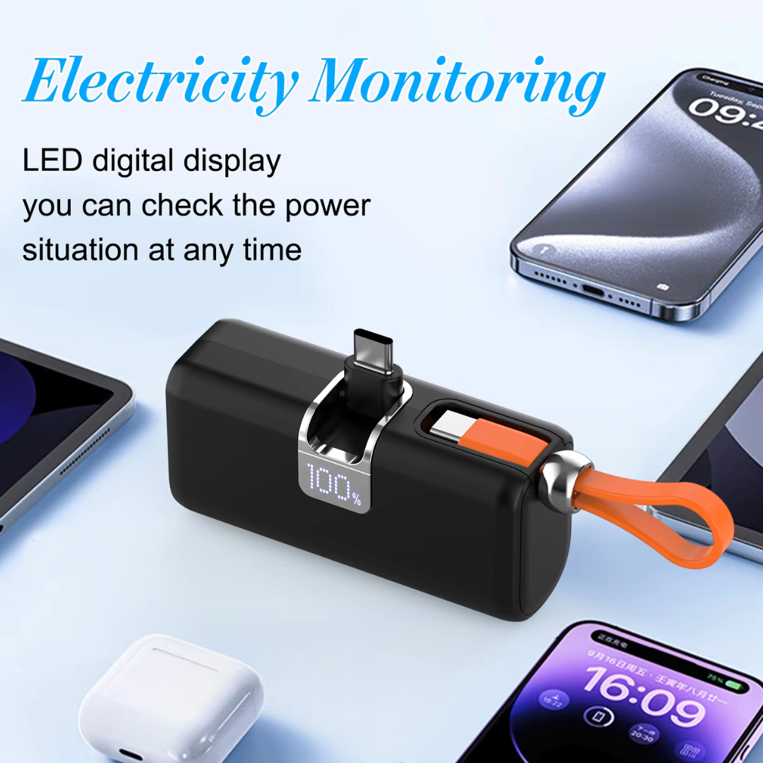 Mini Power Bank 5000mAh 22.5W avec Affichage LED et Câble Intégré