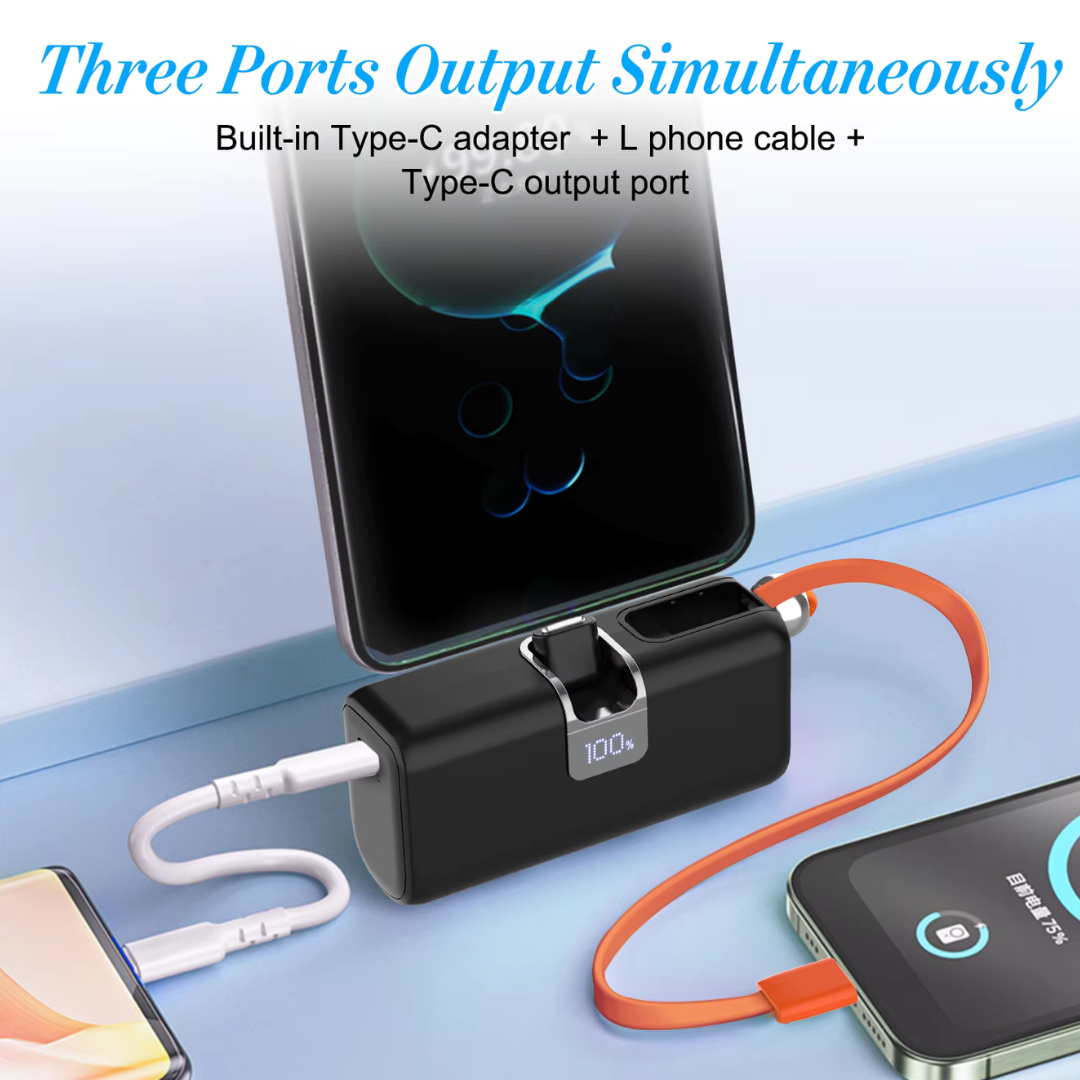 بنك طاقة صغير 5000 مللي أمبير 22.5 واط مع شاشة LED وكابل مدمج