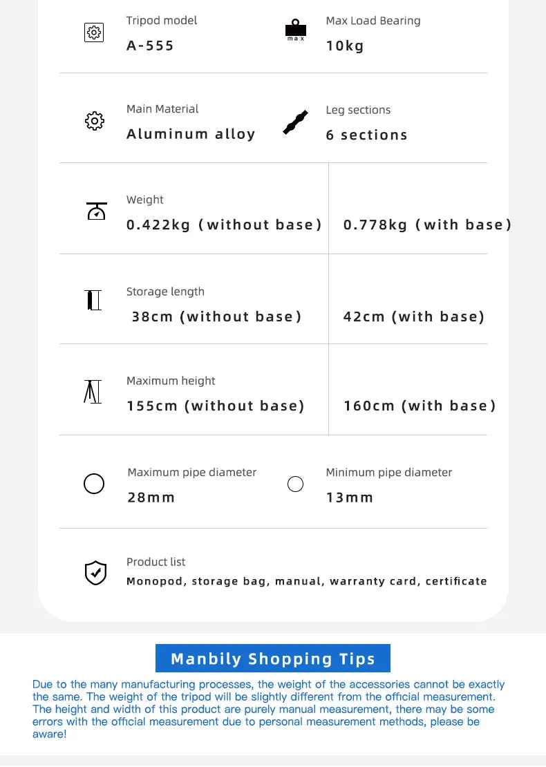 Monopode Manbily A-555 Aluminium 6 Sections 155cm