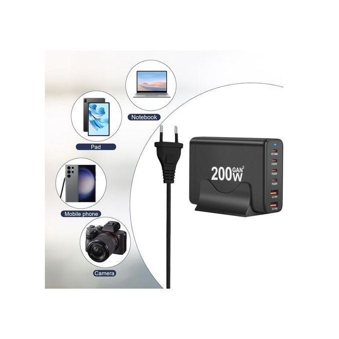 Chargeur GaN 200W Multiport 6 Ports (4 USB-C + 2 USB-A) – Charge Rapide PD 3.0