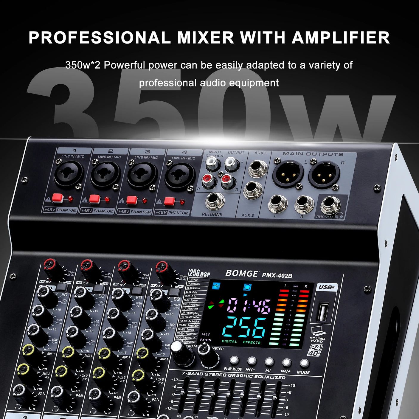 Mixer Audio 4 Canaux BOMGE 402B – 2x350W, Bluetooth, Studio & DJ