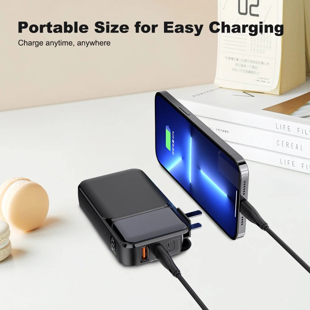 Power Bank 20000mAh avec Prise, Câbles Intégrés et Écran LED – Charge Rapide 22.5W USB-C