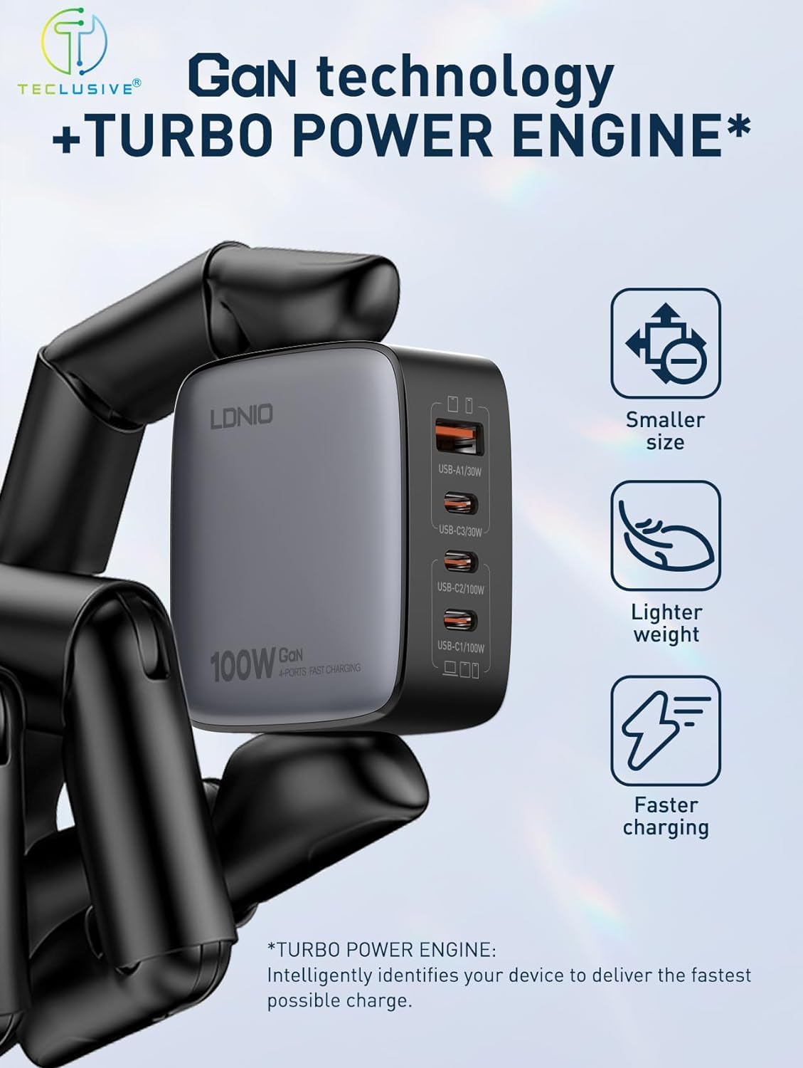 Chargeur GaN 100W LDNIO Q408 avec 4 Ports USB (3 Type-C + 1 USB-A)