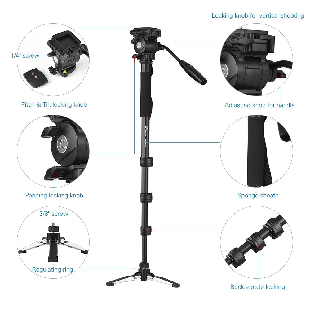 Weifeng WF-3958M – Monopod Professionnel en Aluminium avec Tête Fluide
