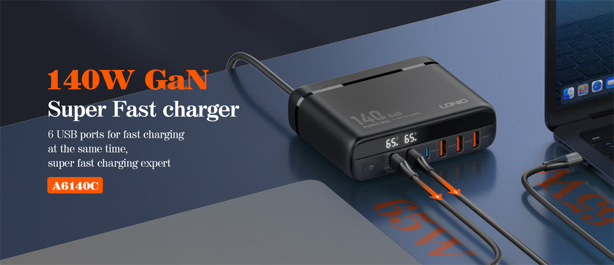 Chargeur GaN 140 W LDNIO A6140C – 6 Ports USB‑C/A, Écran LED, Super Charge Rapide