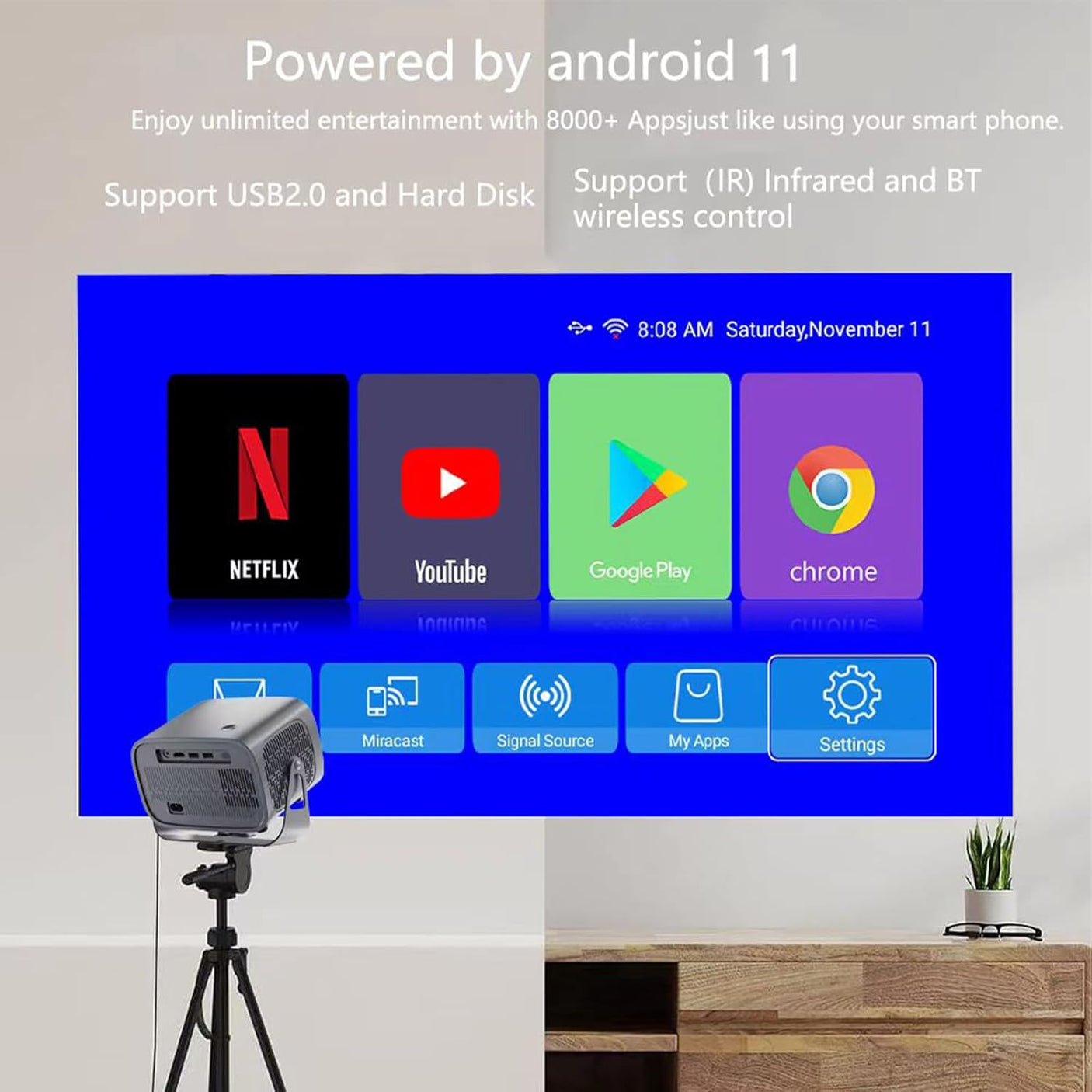 Mini Vidéoprojecteur Portable 1080P avec Support 360° – WiFi 6 & Bluetooth 5.2