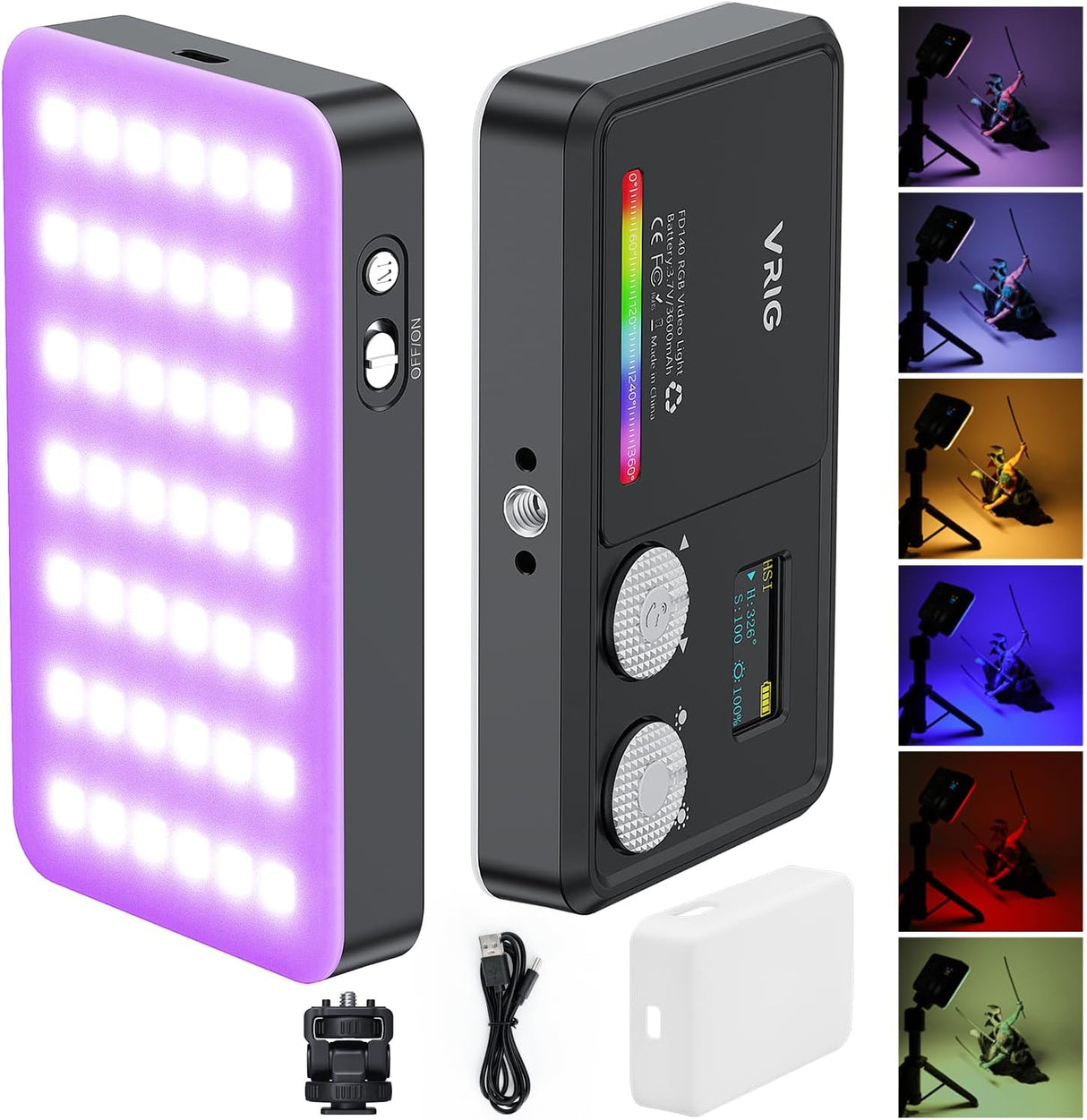 Lumière Vidéo RGB VRIG VL140 – Éclairage LED Portable 360° Pleine Couleur, 20 Effets, 3600mAh, 2500-9000K, CRI≥95 pour Photographie & Vidéo