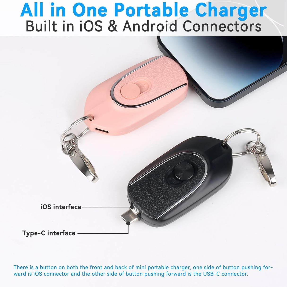 Chargeur Portable Porte-clés avec Connecteurs Lightning et Type-C – Batterie d'Urgence Compacte