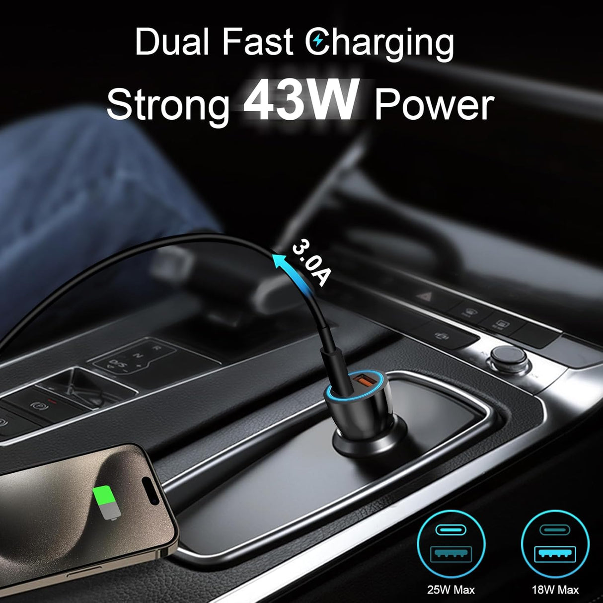 Chargeur Voiture USB-C Plustar W-008 43W Double Port PD & QC 3.0 avec Câble 1m
