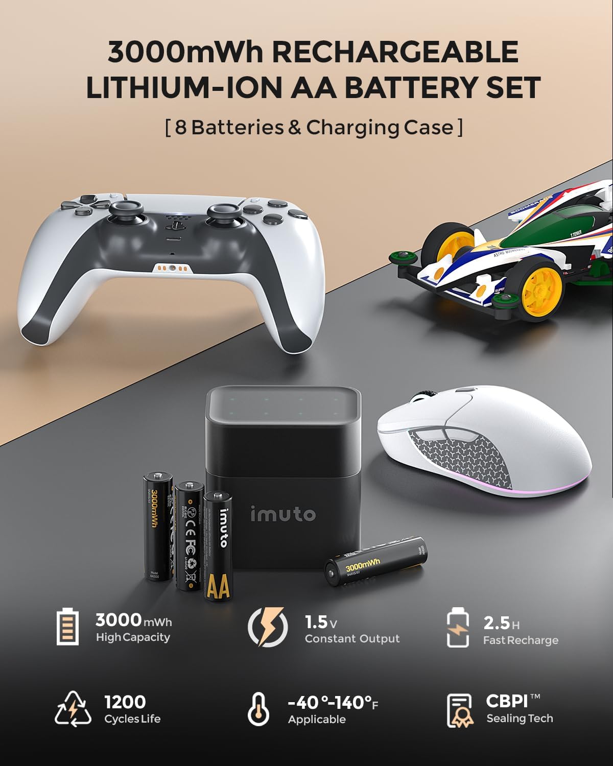 imuto 8 Piles Rechargeables AA & AAA 1300/3000mWh avec Chargeur