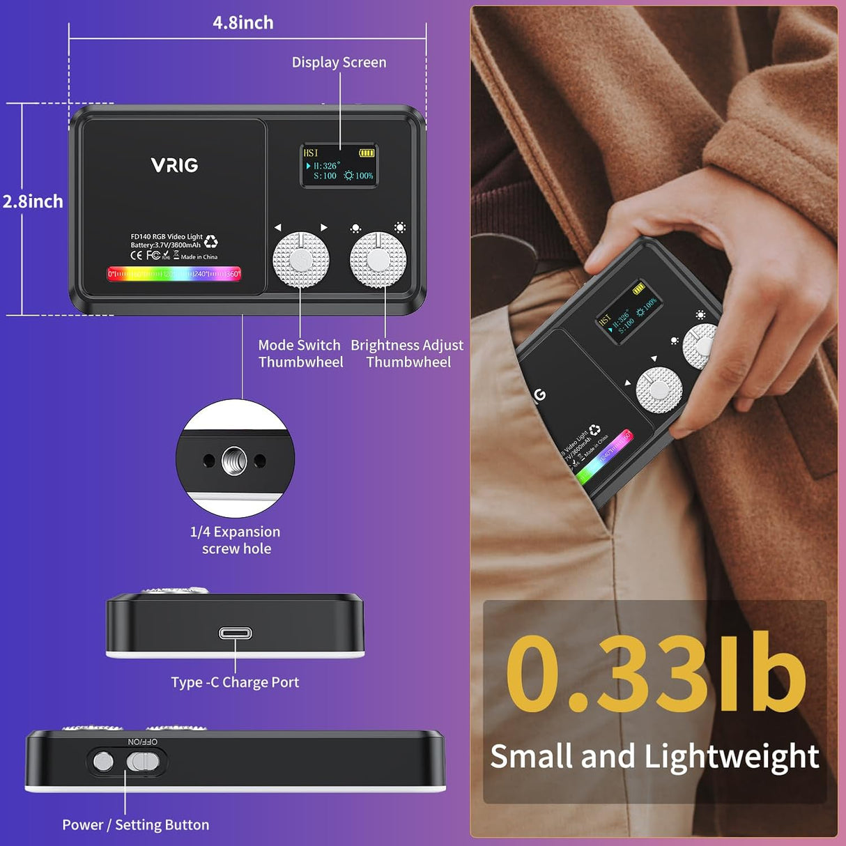 Lumière Vidéo RGB VRIG VL140 – Éclairage LED Portable 360° Pleine Couleur, 20 Effets, 3600mAh, 2500-9000K, CRI≥95 pour Photographie & Vidéo