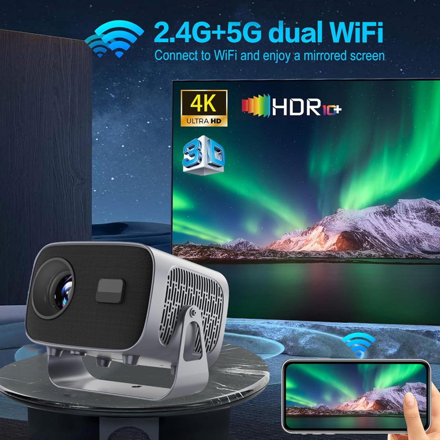 Mini Vidéoprojecteur Portable 1080P avec Support 360° – WiFi 6 & Bluetooth 5.2