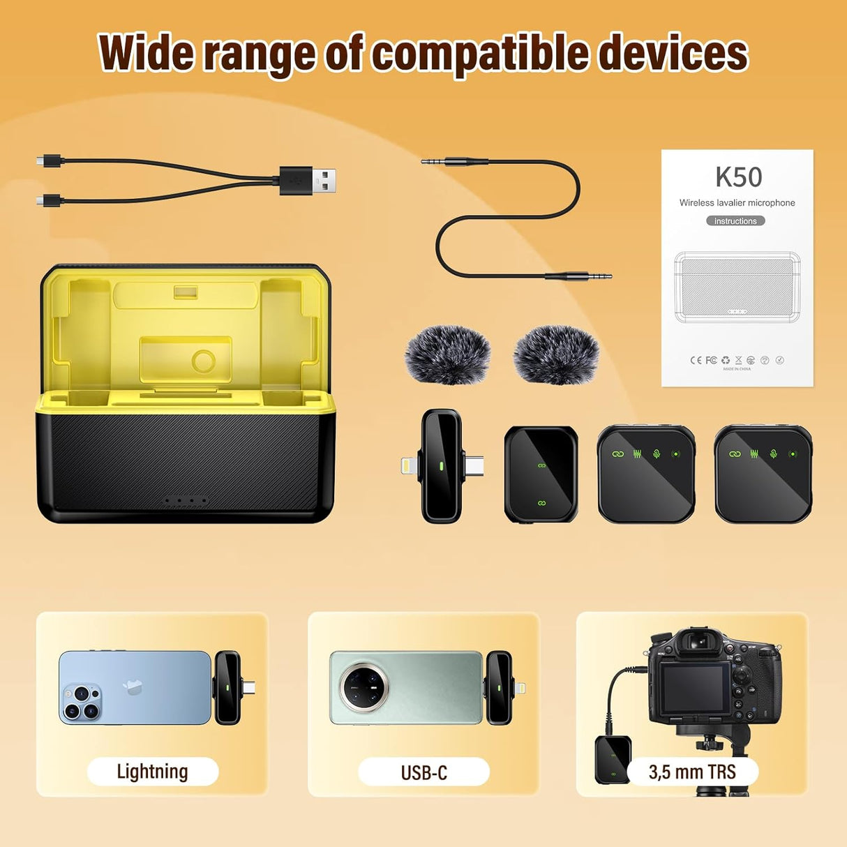 Micro Cravate Sans Fil K50 2.4GHz (2 Émetteurs + 1 Récepteur + Boîtier de Charge) – 30m, 36H d’Autonomie – iPhone, Android, Caméra, PC