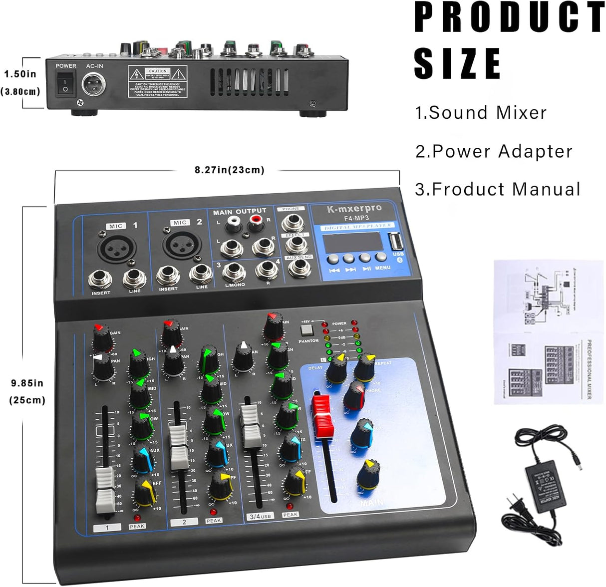 Table de Mixage 4 Canaux USB avec Alimentation Phantom 48V