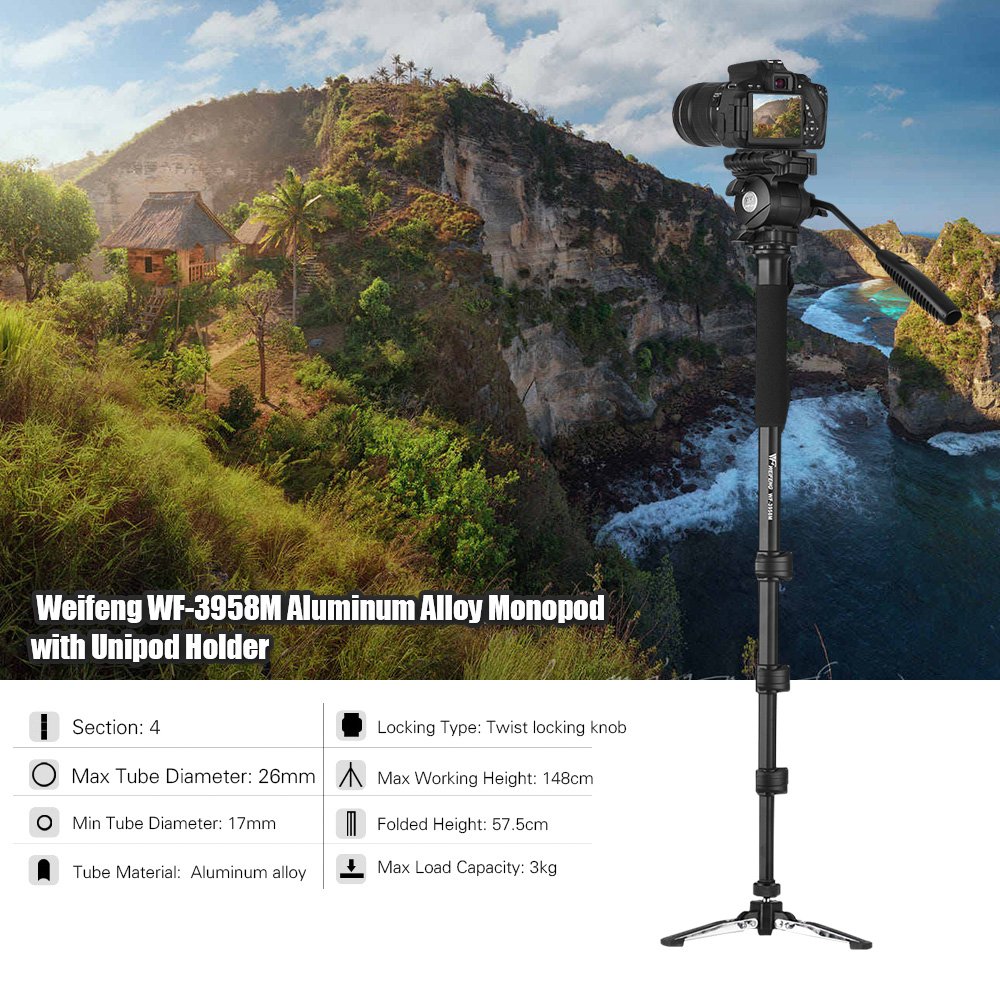 Weifeng WF-3958M – Monopod Professionnel en Aluminium avec Tête Fluide
