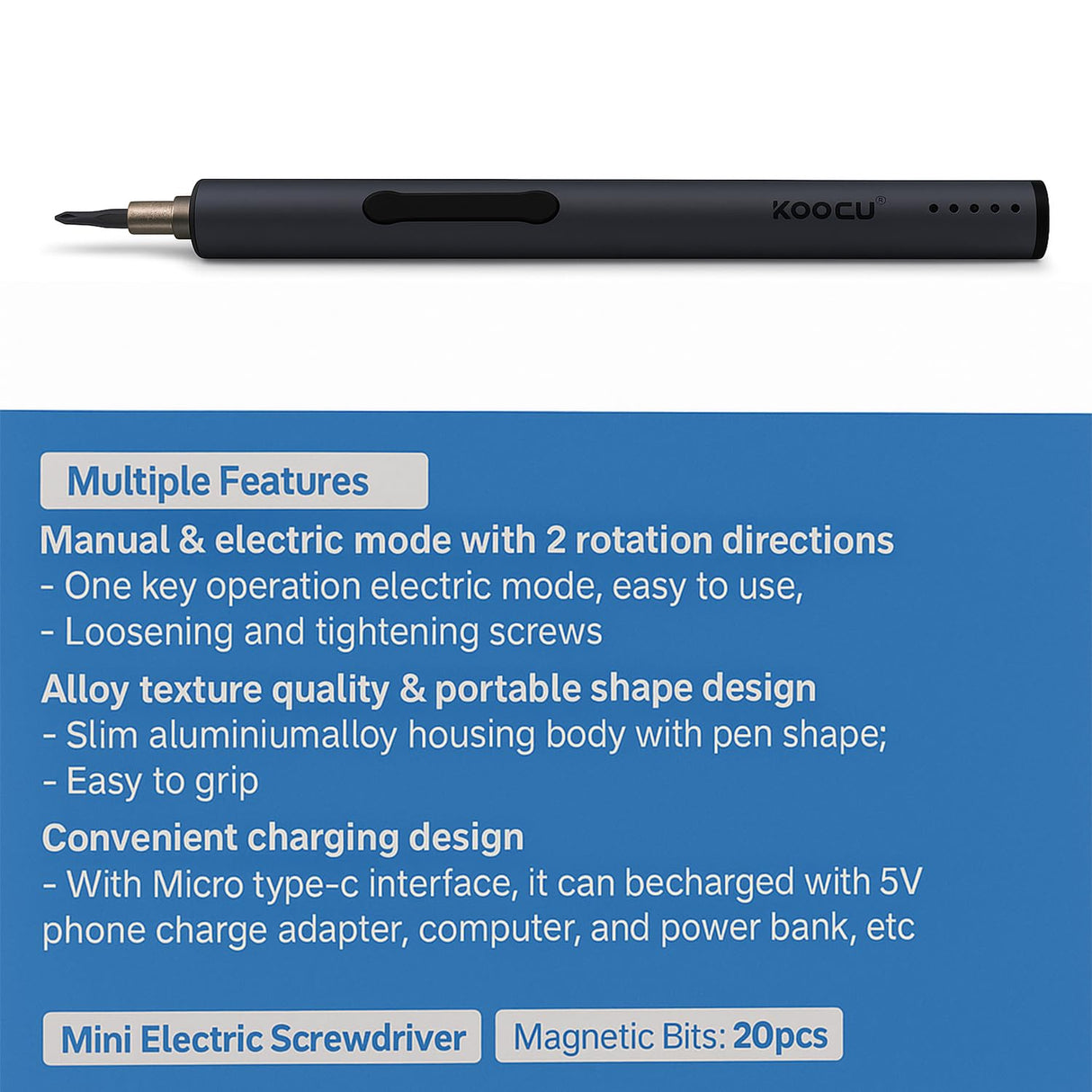 KOOCU K02 Tournevis Électrique Pro 20 Embouts Type-C 90°