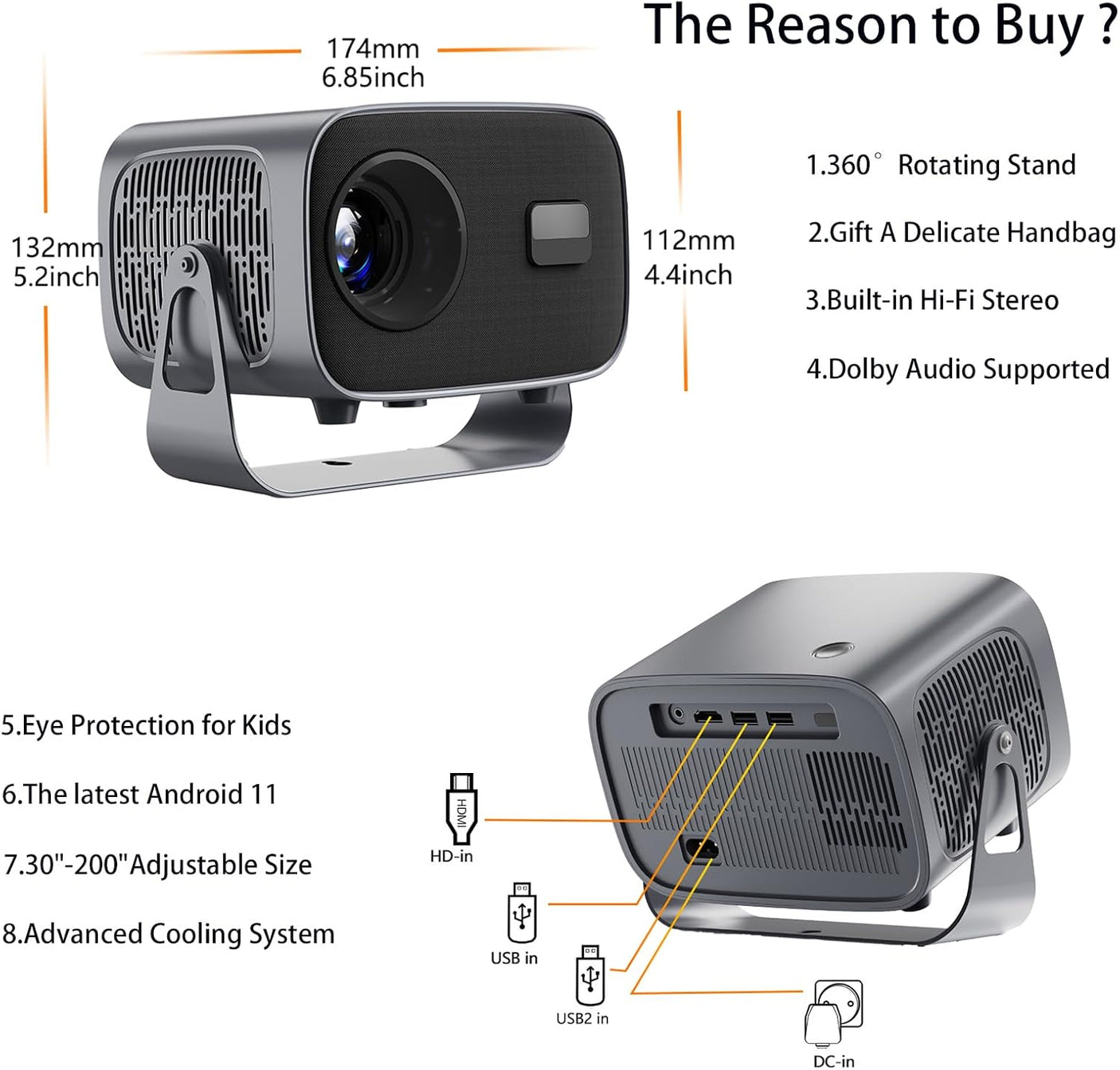 Mini Vidéoprojecteur Portable 1080P avec Support 360° – WiFi 6 & Bluetooth 5.2