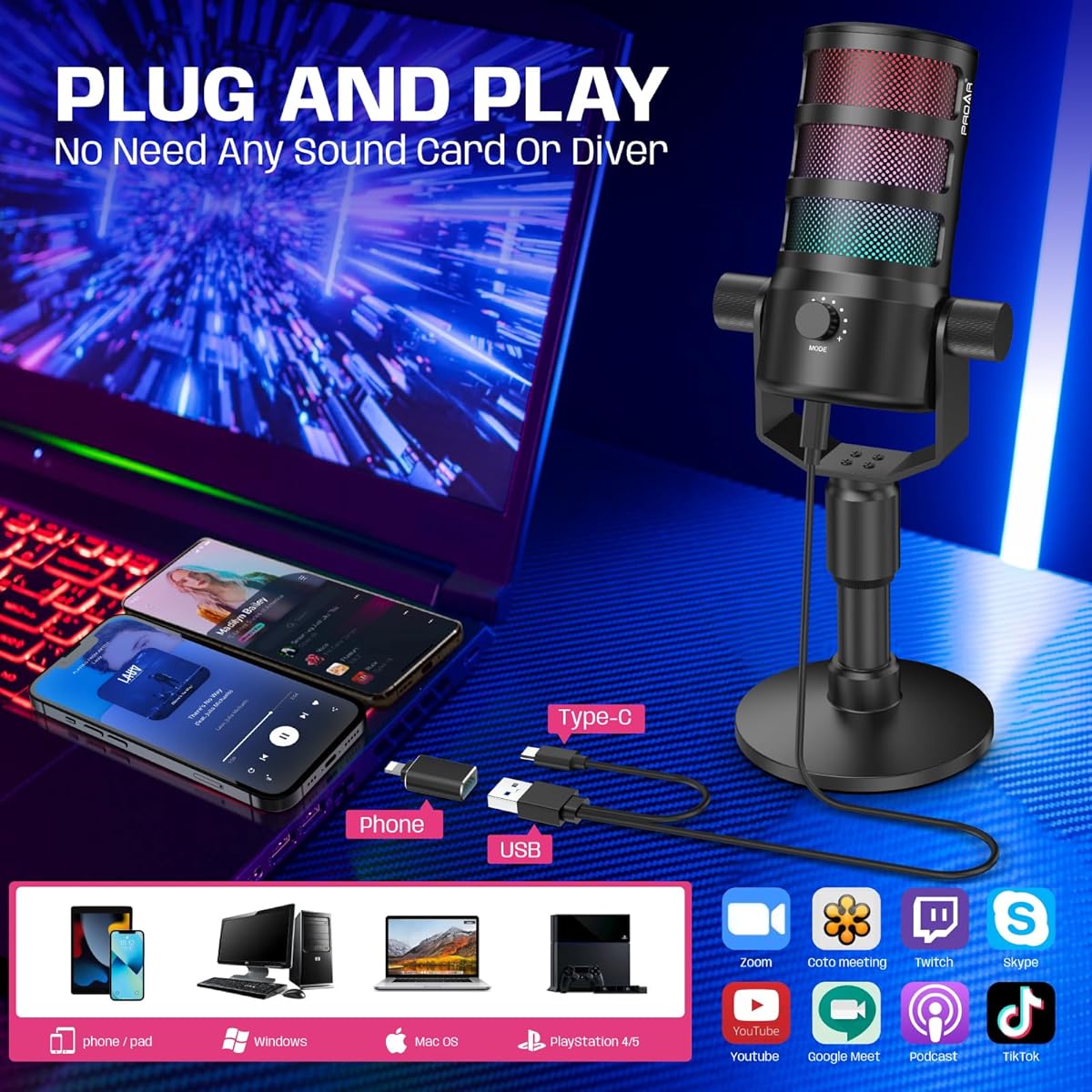 Microphone RGB PDO Réduction de Bruit USB Type-C Streaming