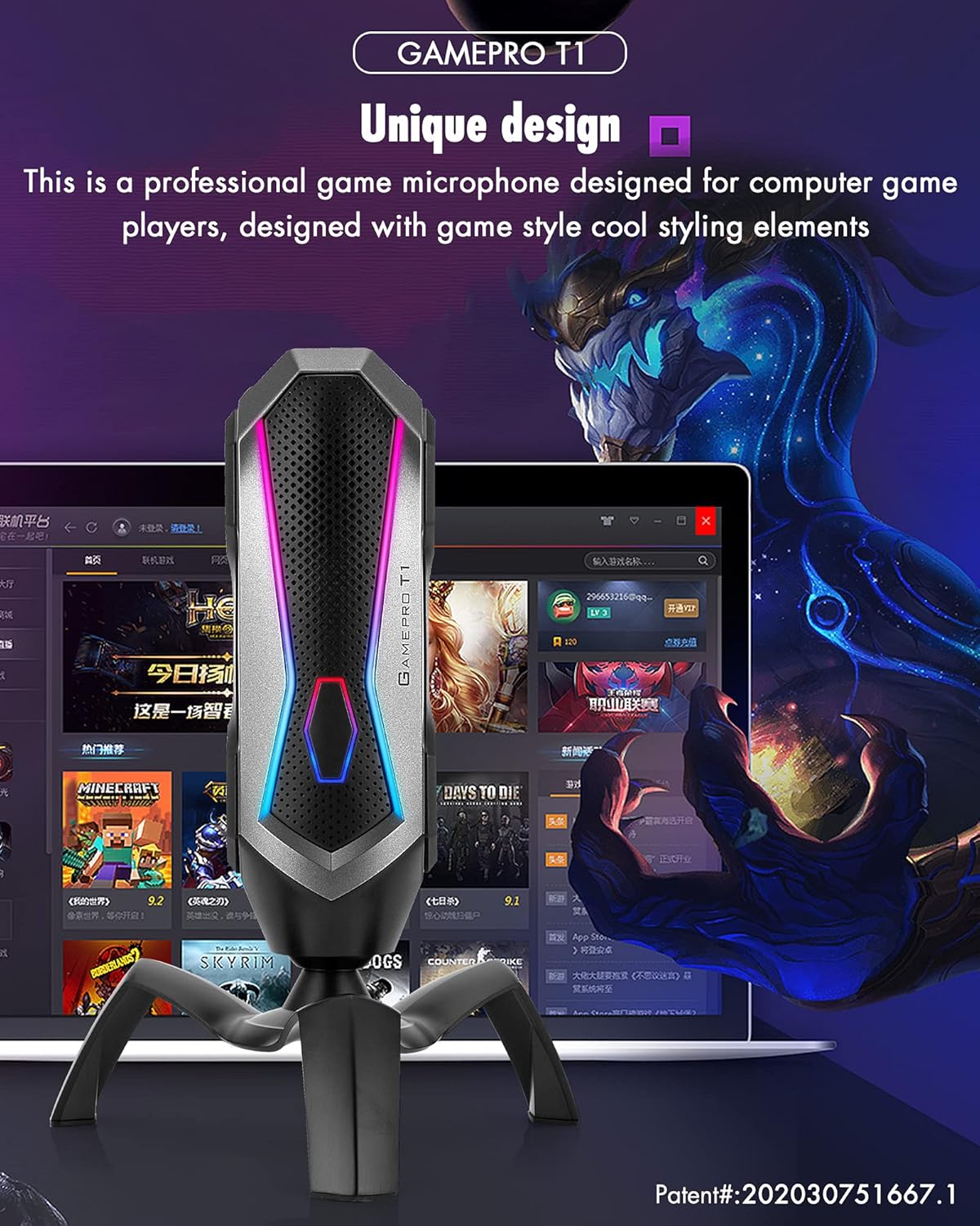 Microphone USB Yanmai Gamepro T1 RGB pour Gaming & Streaming