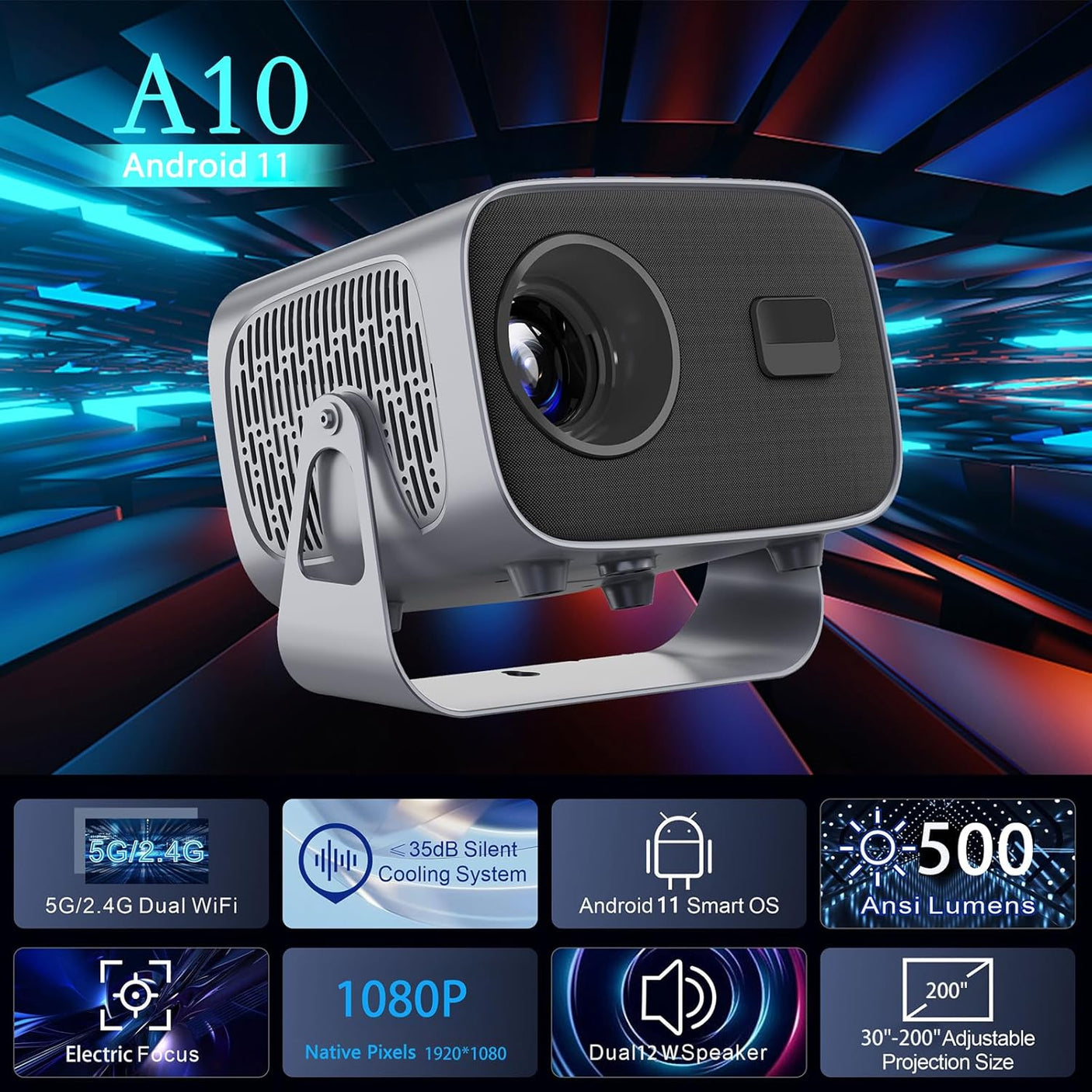 Mini Vidéoprojecteur Portable 1080P avec Support 360° – WiFi 6 & Bluetooth 5.2