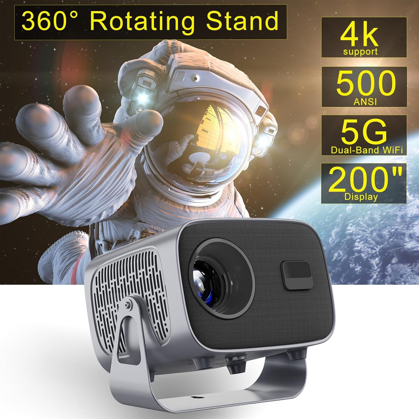 Mini Vidéoprojecteur Portable 1080P avec Support 360° – WiFi 6 & Bluetooth 5.2