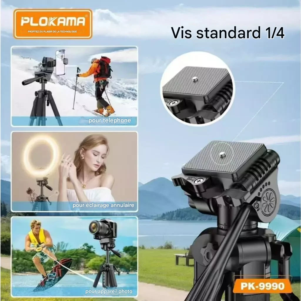 Trépied PLOKAMA PK-9990 Premium 180 cm – Aluminium, Réglable, avec Télécommande Bluetooth et Housse de Transport