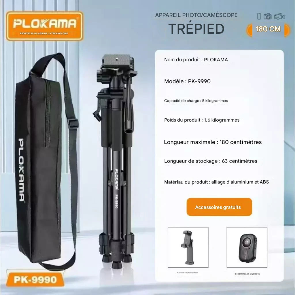 Trépied PLOKAMA PK-9990 Premium 180 cm – Aluminium, Réglable, avec Télécommande Bluetooth et Housse de Transport