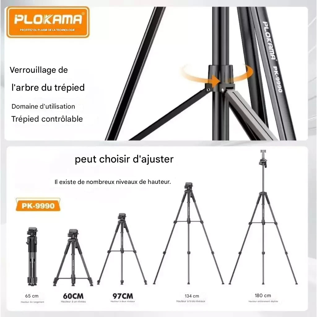 Trépied PLOKAMA PK-9990 Premium 180 cm – Aluminium, Réglable, avec Télécommande Bluetooth et Housse de Transport