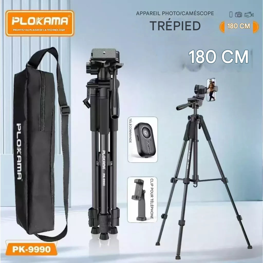 Trépied PLOKAMA PK-9990 Premium 180 cm – Aluminium, Réglable, avec Télécommande Bluetooth et Housse de Transport