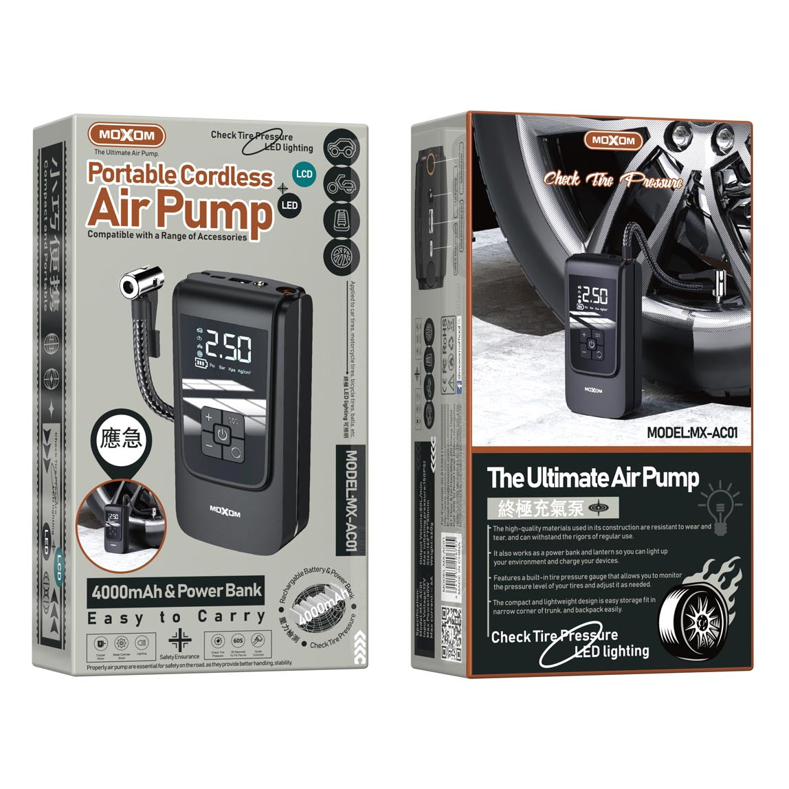 Pompe à Air Portable et Gonfleur Multifonction MOXOM MX-AC01 avec Power Bank 4000mAh, Écran LCD et Lampe de Poche - Idéal pour Voitures et Urgences