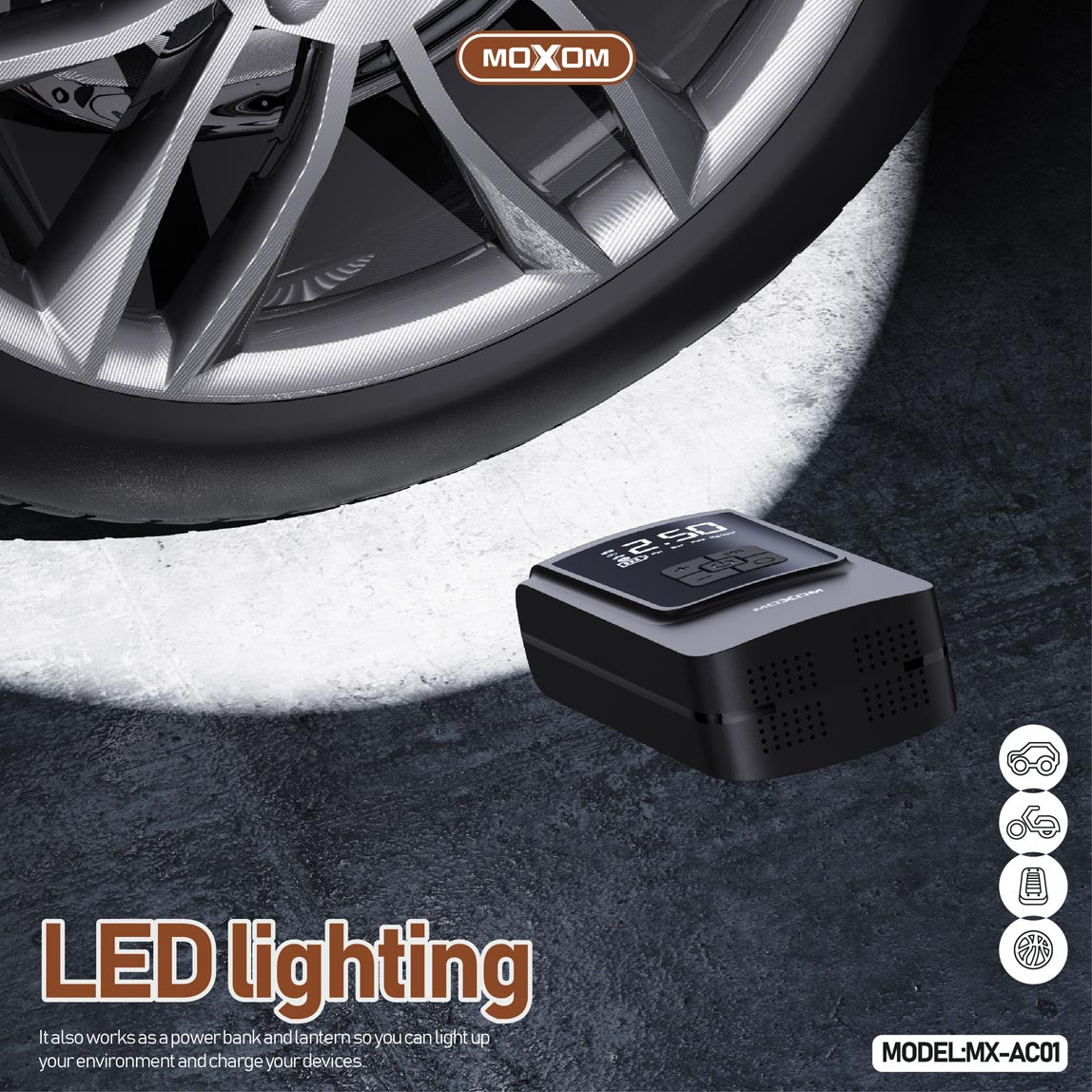 Pompe à Air Portable et Gonfleur Multifonction MOXOM MX-AC01 avec Power Bank 4000mAh, Écran LCD et Lampe de Poche - Idéal pour Voitures et Urgences