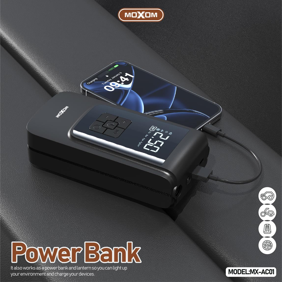 Pompe à Air Portable et Gonfleur Multifonction MOXOM MX-AC01 avec Power Bank 4000mAh, Écran LCD et Lampe de Poche - Idéal pour Voitures et Urgences