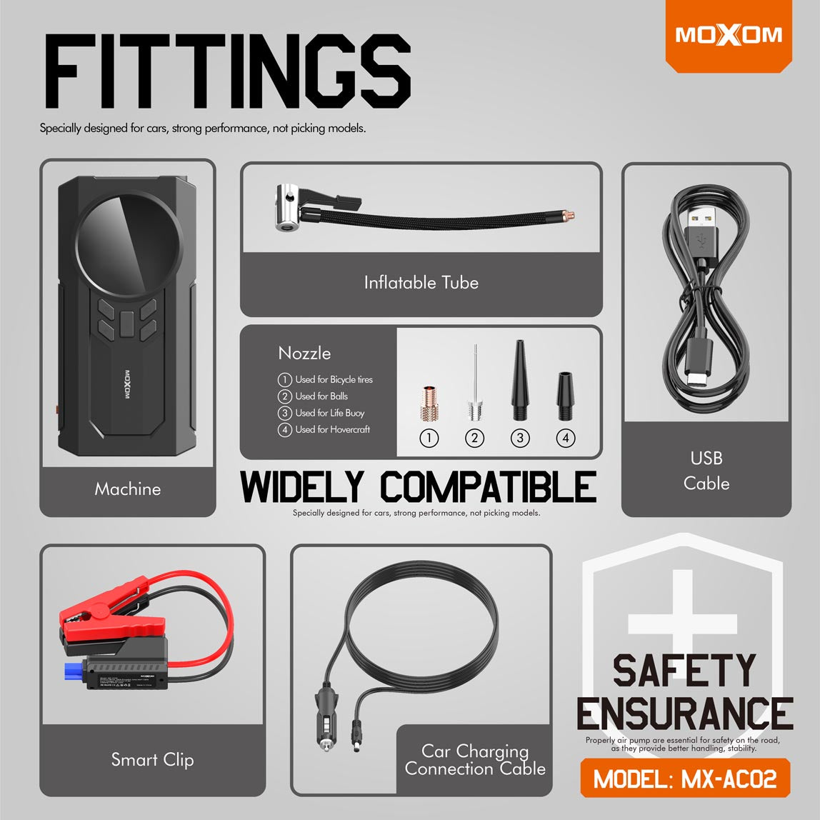 Gonfleur et Power Bank MOXOM MX-AC02 (8000mAh) avec Démarreur d'Urgence pour Batterie de Voiture - Écran Numérique et Lampe Torche Multifonction