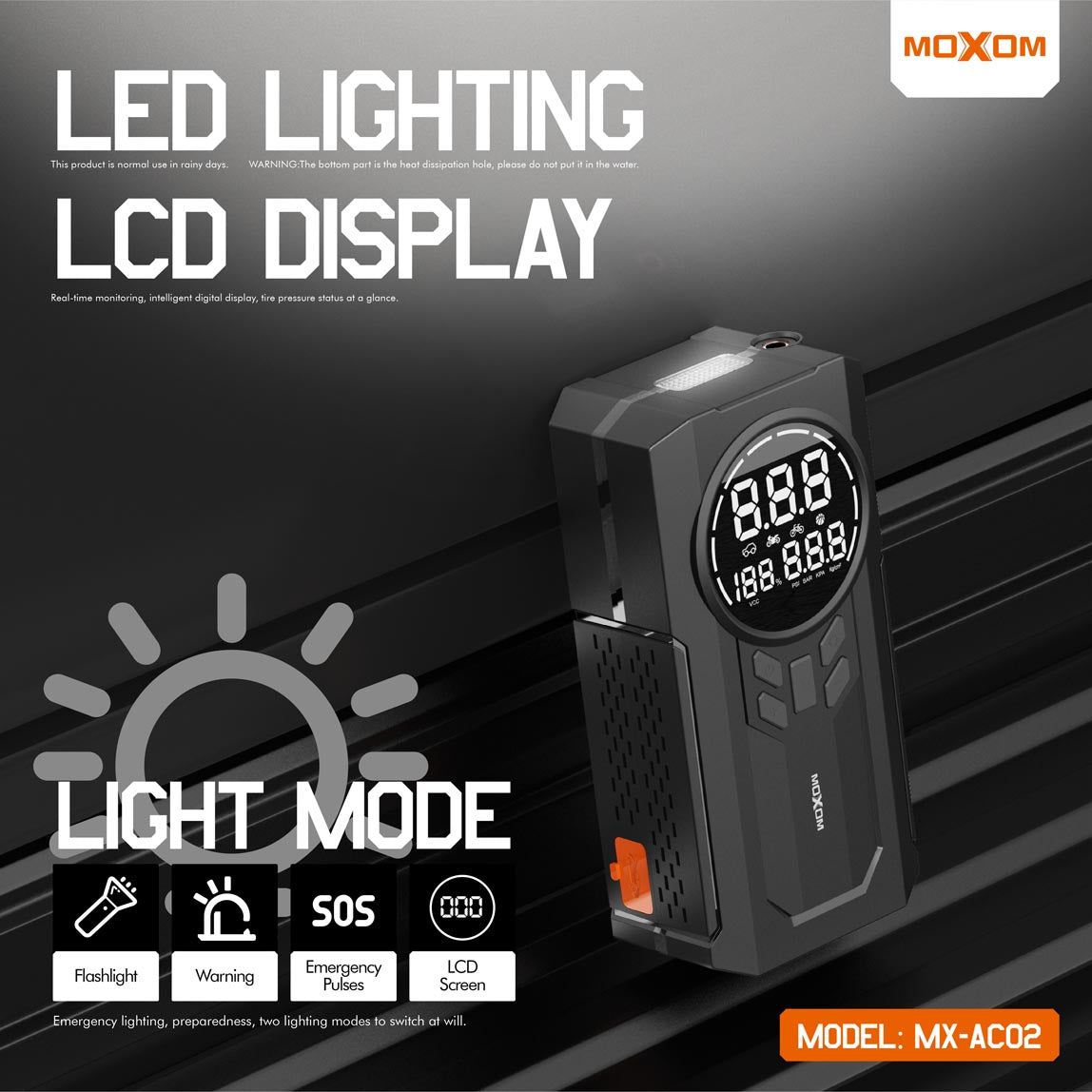 Gonfleur et Power Bank MOXOM MX-AC02 (8000mAh) avec Démarreur d'Urgence pour Batterie de Voiture - Écran Numérique et Lampe Torche Multifonction