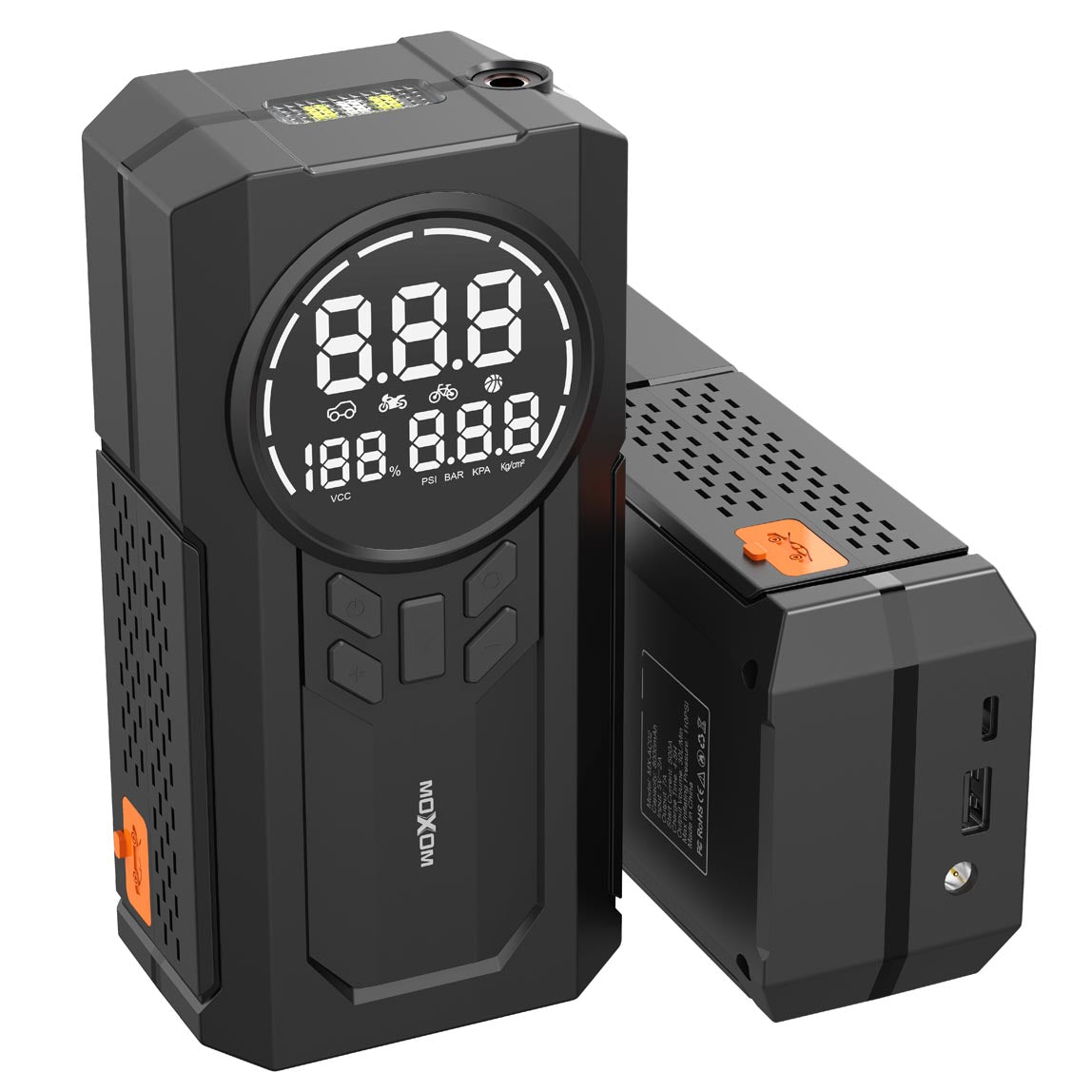 Gonfleur et Power Bank MOXOM MX-AC02 (8000mAh) avec Démarreur d'Urgence pour Batterie de Voiture - Écran Numérique et Lampe Torche Multifonction