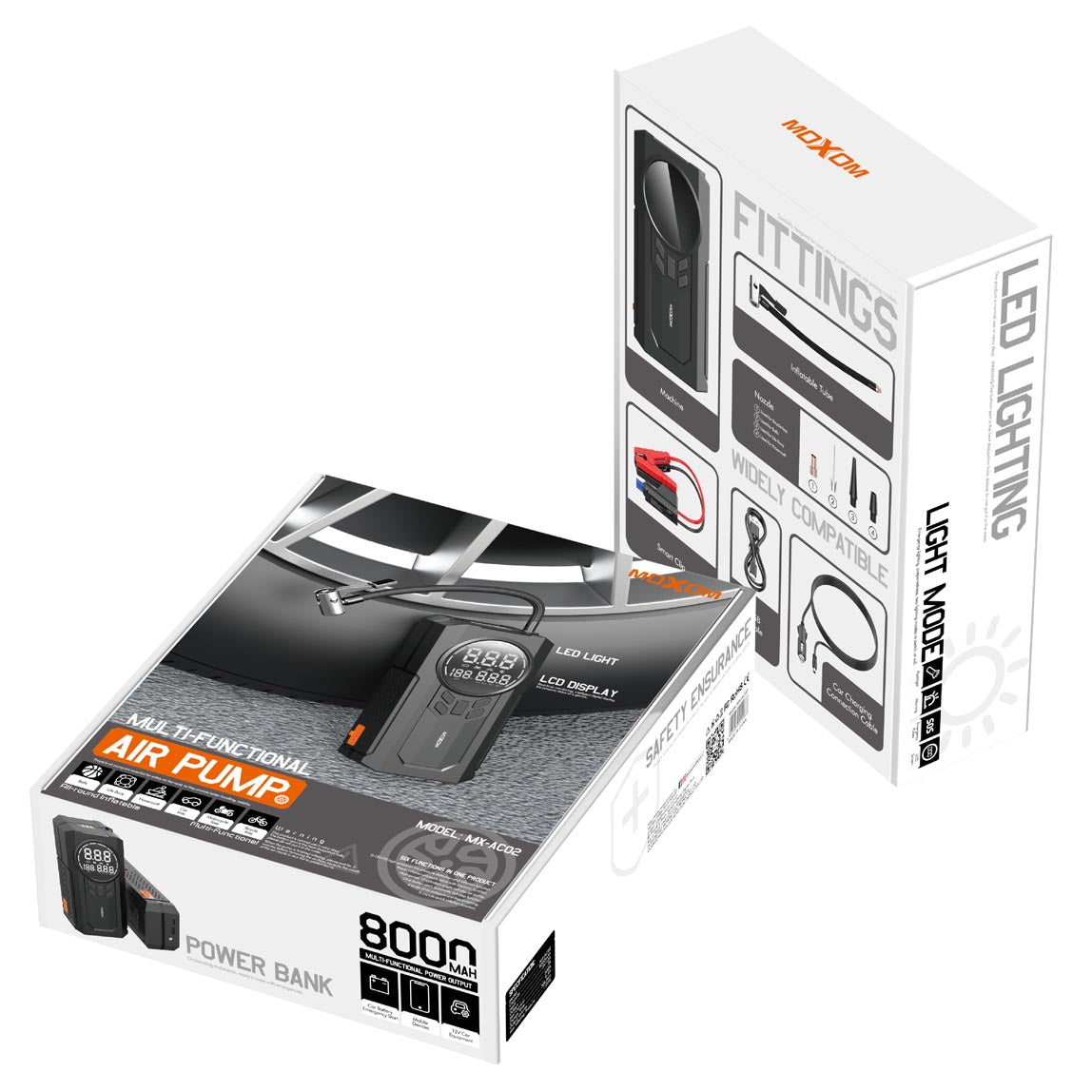 Gonfleur et Power Bank MOXOM MX-AC02 (8000mAh) avec Démarreur d'Urgence pour Batterie de Voiture - Écran Numérique et Lampe Torche Multifonction