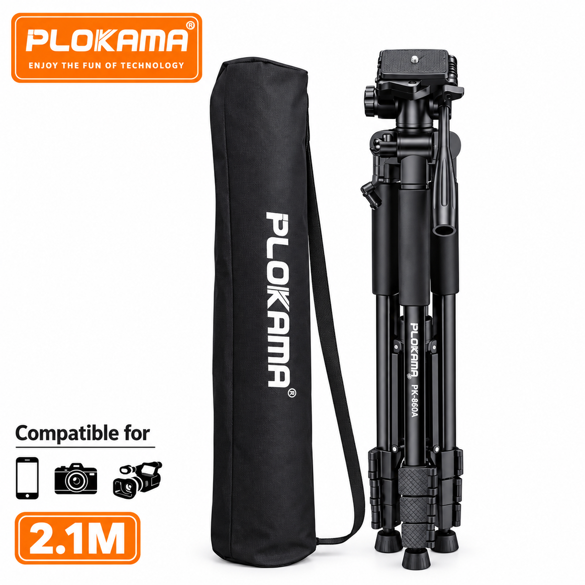Trépied Caméra 2,1 m PLOKAMA PK-9999 avec Support Smartphone