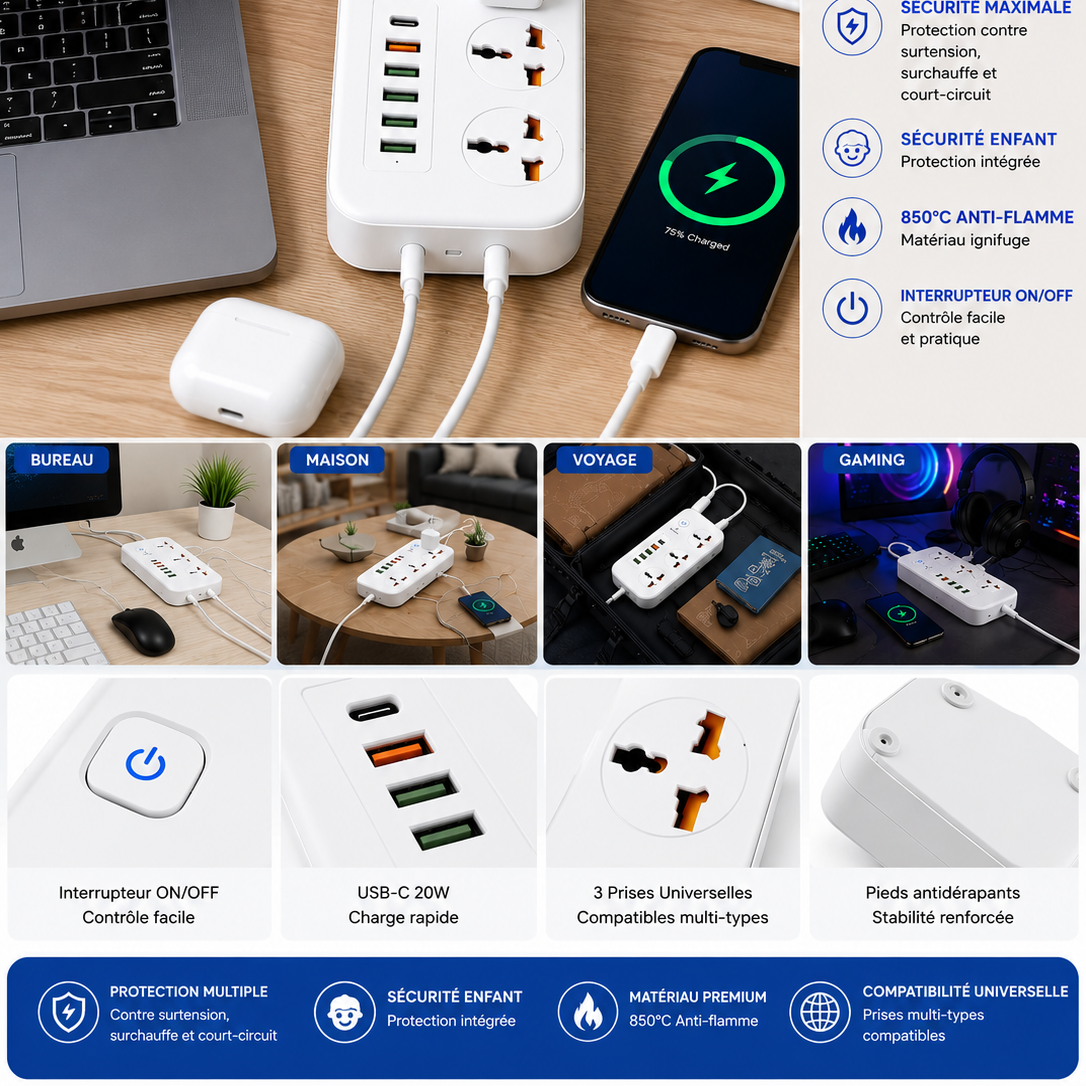 Multiprise 3 Prises + USB & USB-C 20W Charge Rapide Sécurisée